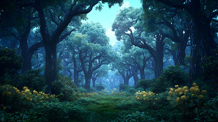Enchanted Pixel Art Forest Path Lit By Sunlight With Lush Green And Blue Foliage In A Serene Morning Atmosphere