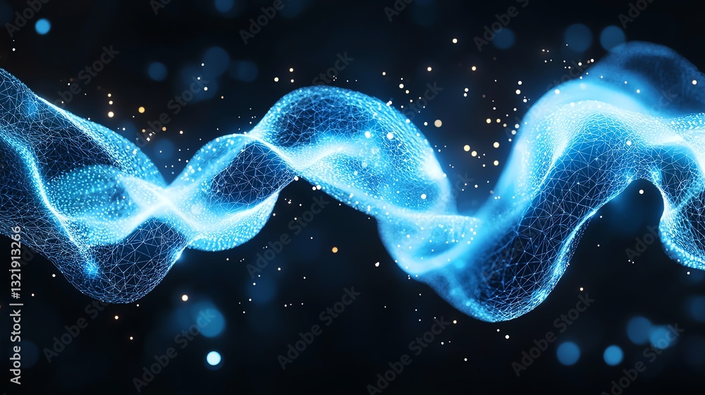 Poster a mesmerizing blue wave of digital energy flows through a dark background, symbolizing innovation an