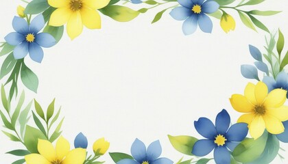 Digital Watercolor Floral Border with Yellow and Blue Flowers and Green Leaves