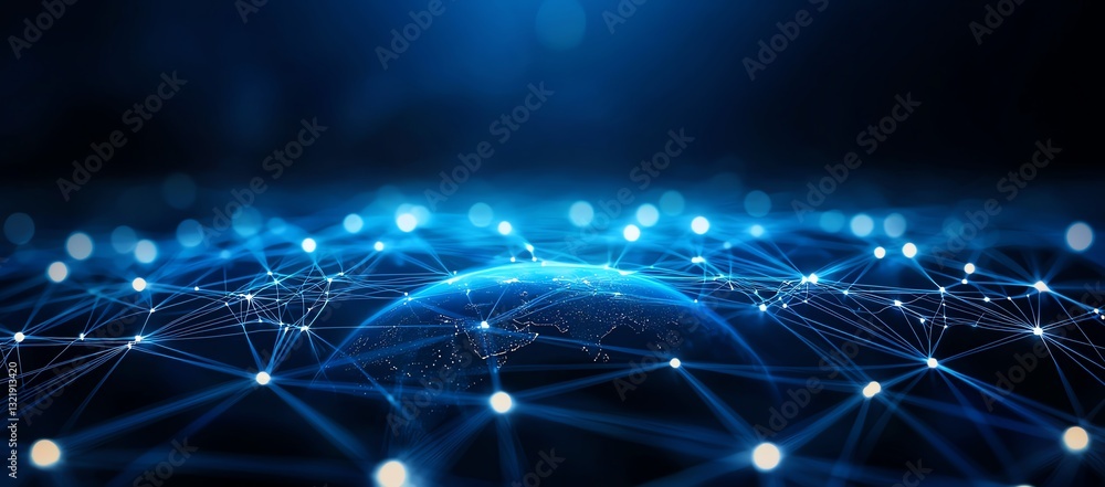 Poster a stunning digital representation of a global network, showcasing interconnected nodes and lines in 