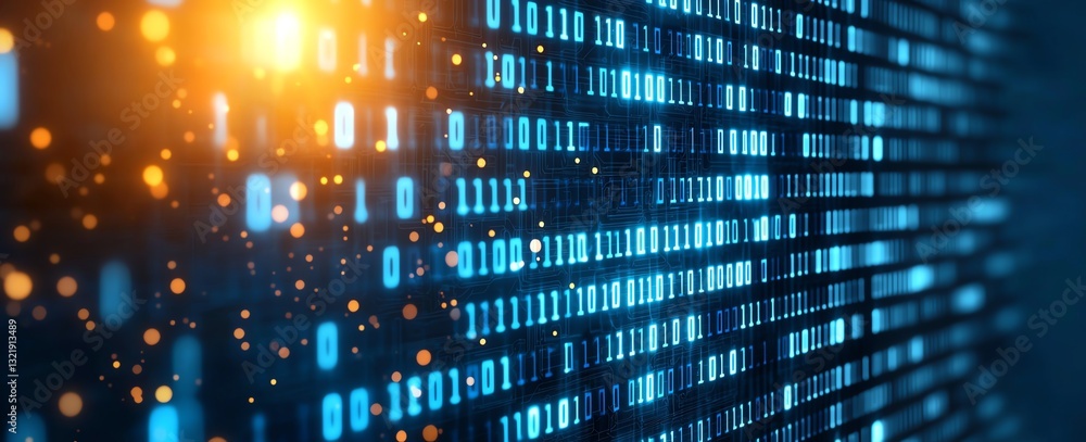 Aufkleber a vivid representation of digital data flowing in binary code, showcasing bright blue and orange ele