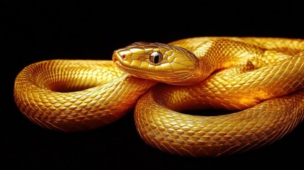 Obraz premium A golden coiled serpent in a striking pose against black background