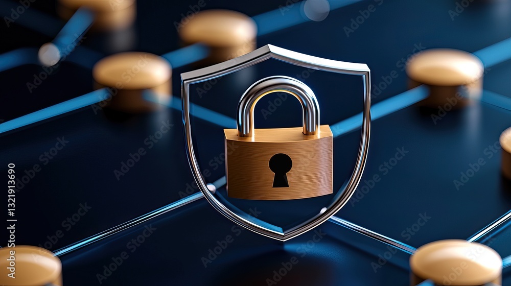 Poster a padlock inside a shield symbolizes security and protection in a digital network environment.