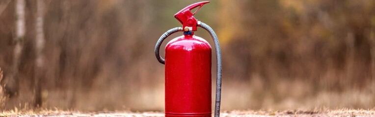 Naklejka premium Red Fire Extinguisher in a Blurred Forest Setting