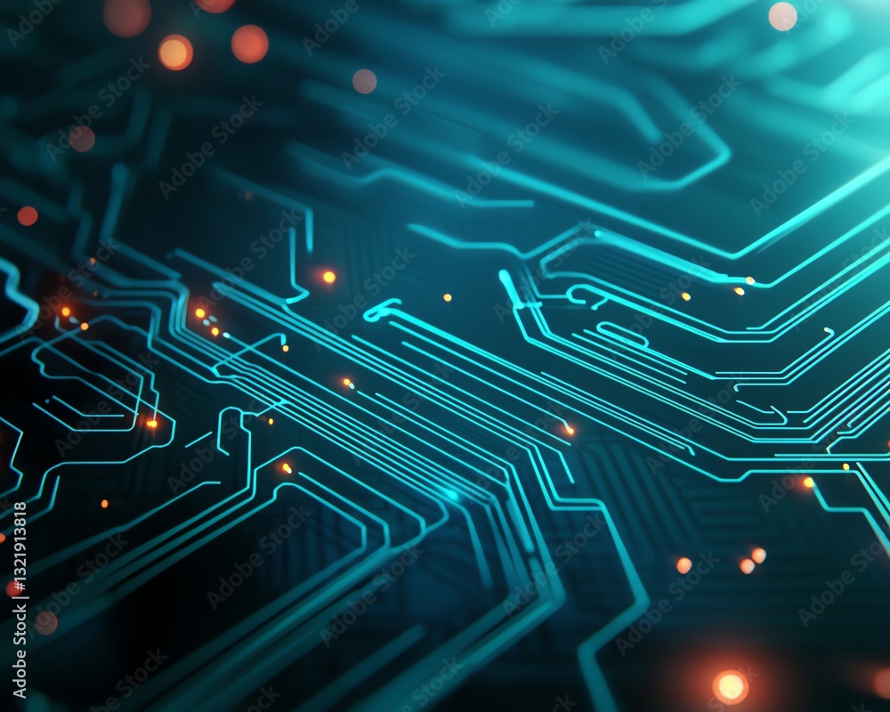 Poster a close-up view of a vibrant, glowing circuit board with intricate patterns and luminous elements, s