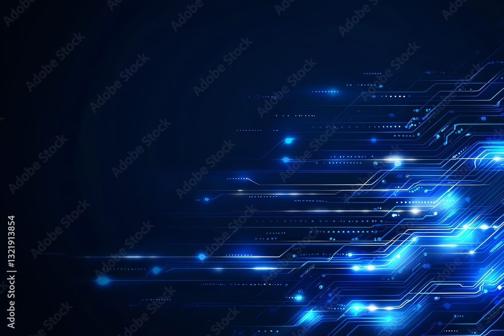 Poster a dynamic and abstract representation of technology featuring glowing blue lines and circuits agains