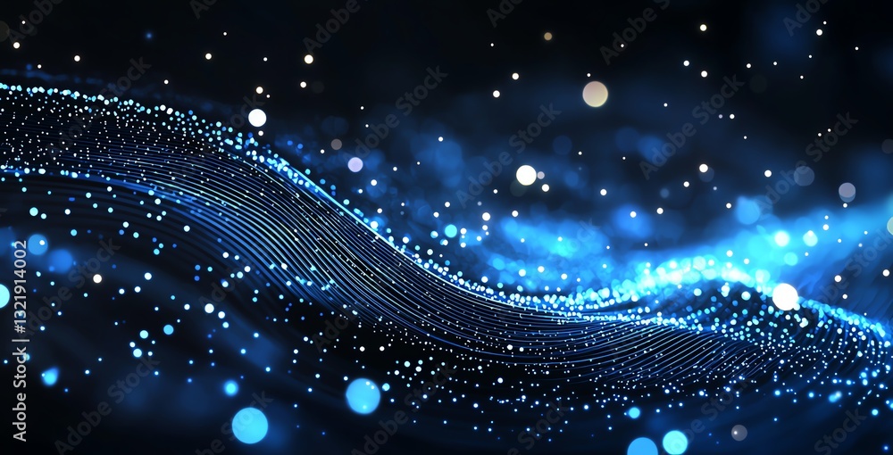 Poster a mesmerizing abstract design featuring flowing waves of blue light and particles, creating a dynami