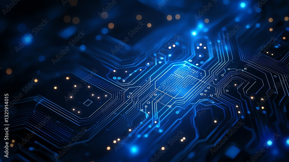 Poster close-up of a modern circuit board with glowing blue lights. the intricate design showcases the comp