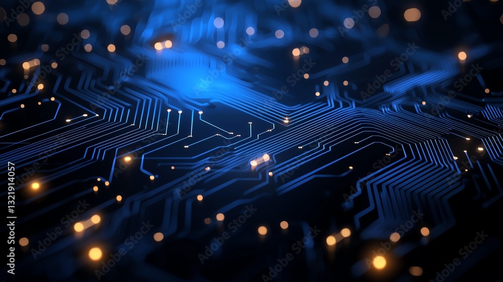 Poster a close-up of a modern circuit board illuminated with blue and golden lights. it showcases the intri
