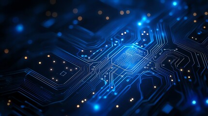 Fototapeta premium Close-up of a modern circuit board with glowing blue lights. The intricate design showcases the complexity of electronic components and technology, perfect for digital concepts.