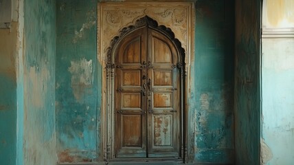  Traditional Indian Entryway with  Hand-Painted Wall Murals ,Vintage Door and Clay Pots.