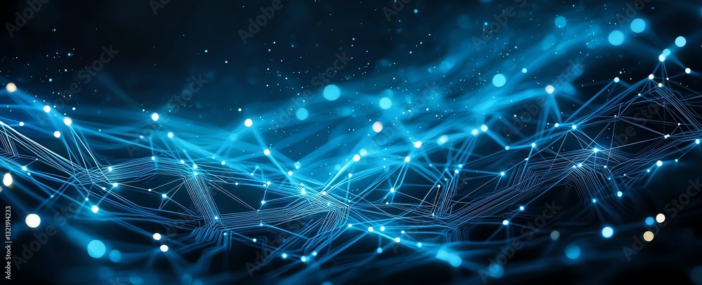 Poster an abstract representation of a network of blue lines and glowing connections against a dark backgro