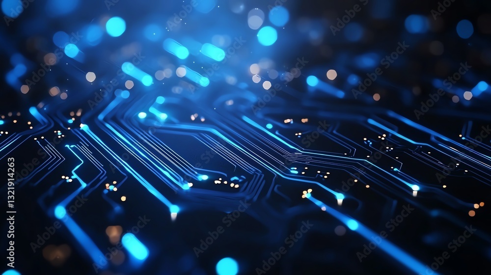 Poster a close-up view of a futuristic circuit board illuminated with glowing blue lights, showcasing intri