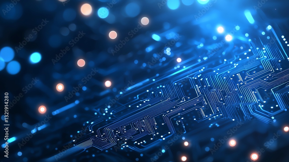 Poster close-up view of a futuristic circuit board with glowing components and a blue color scheme, illustr
