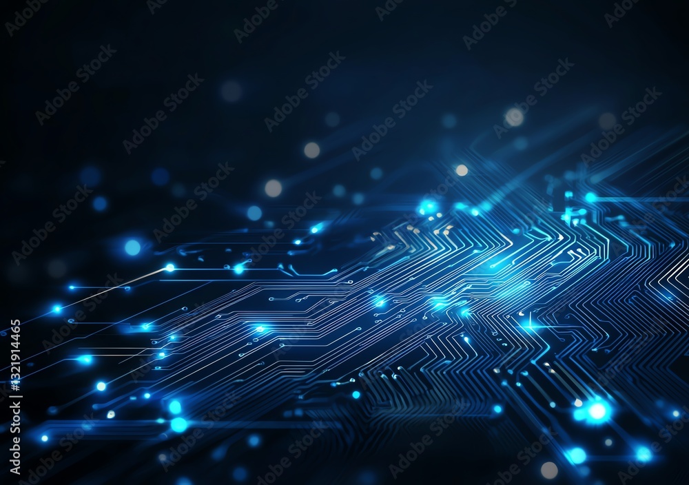 Poster a captivating close-up of a modern circuit board showcasing intricate patterns and luminous blue lig