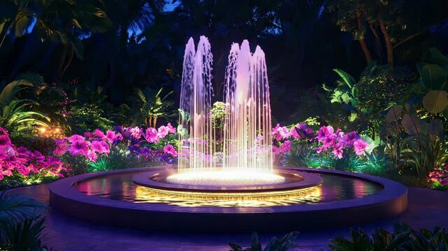 Illuminated fountain surrounded by vibrant flowers in a tropical garden at night with glowing water jets