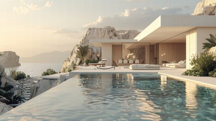 Fototapeta premium Luxury Modern Villa Overlooking Serene Ocean Landscape at Sunset