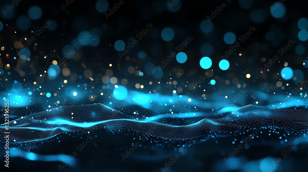 Poster this image features a vibrant, abstract scene with sparkling blue orbs and waves, creating a sense o