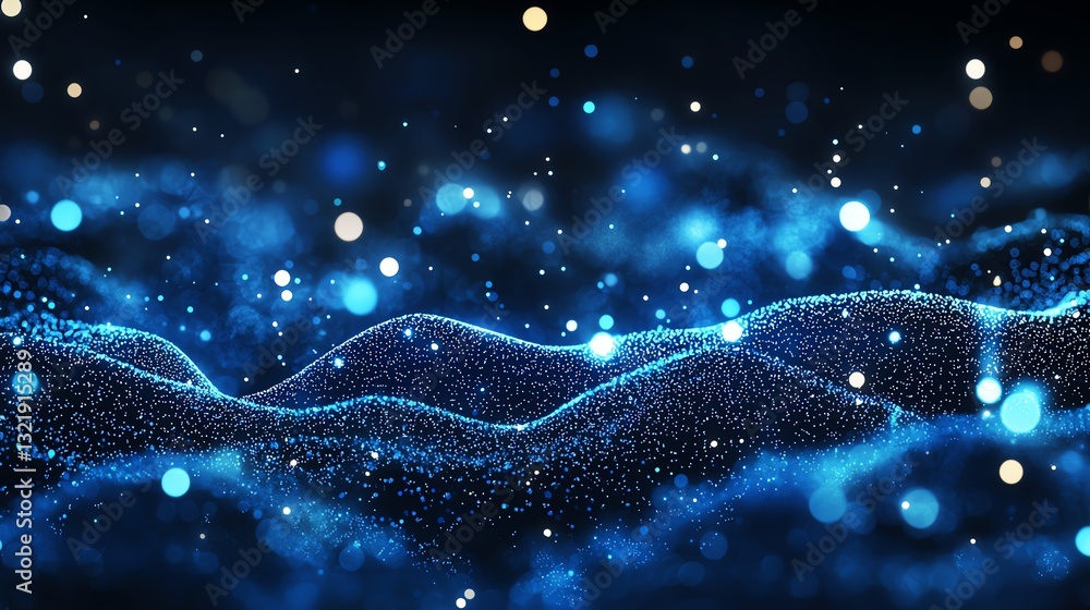 Poster this abstract image showcases vibrant blue waves intertwined with luminous particles, creating a mes