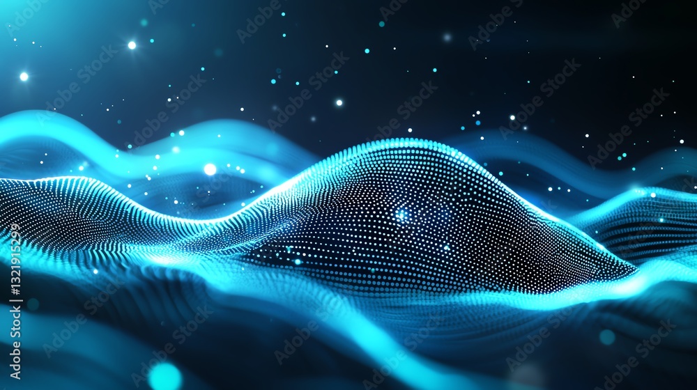 Poster an abstract digital landscape featuring waves of glowing blue light, representing the fusion of tech