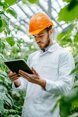 An engineer dressed in protective gear examines data on a tablet in a vibrant greenhouse filled with flourishing green crops, ensuring optimal growth conditions