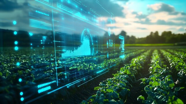 Futuristic Digital Overlay on Lush Green Agricultural Field