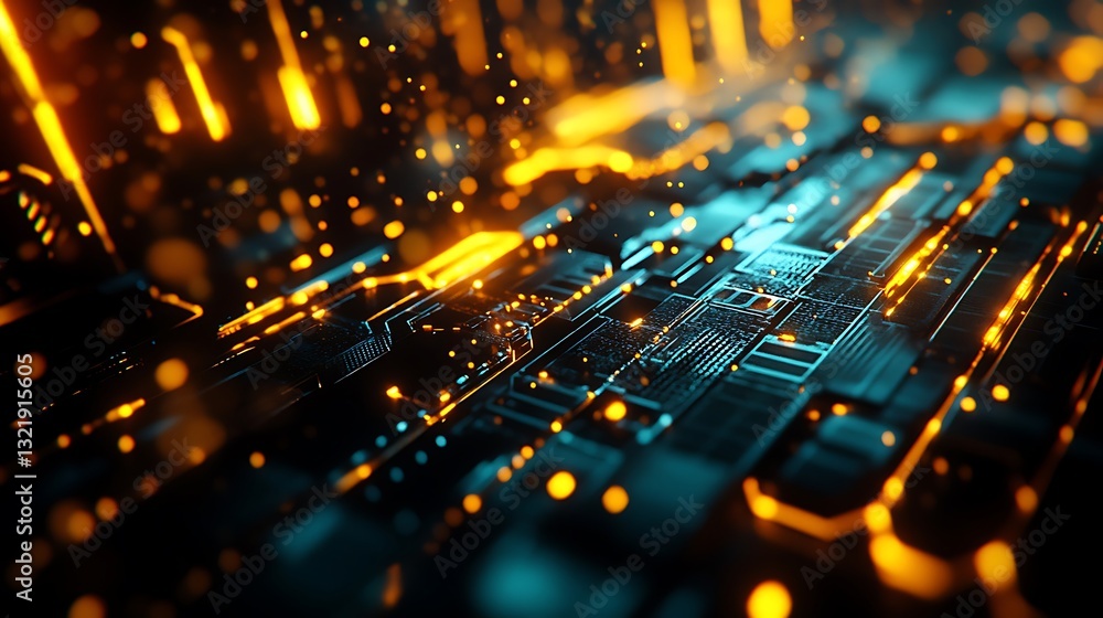 Poster abstract futuristic circuit board design with glowing lights: digital technology, data flow, and hig