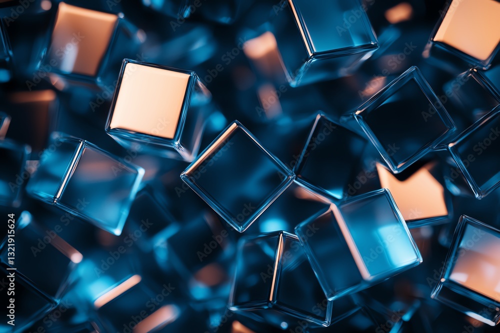 Poster a close-up view of translucent cubes with a rich blue hue, reflecting light patterns and creating an