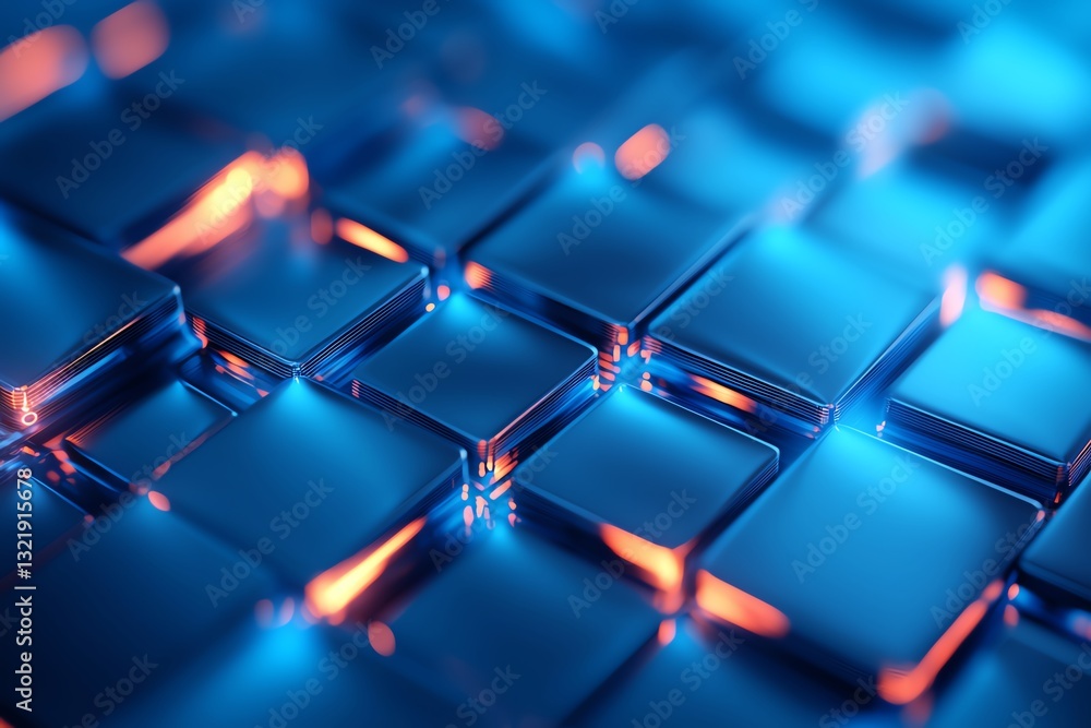 Poster a close-up view of illuminated glass blocks featuring a mesmerizing pattern of blue and orange hues,