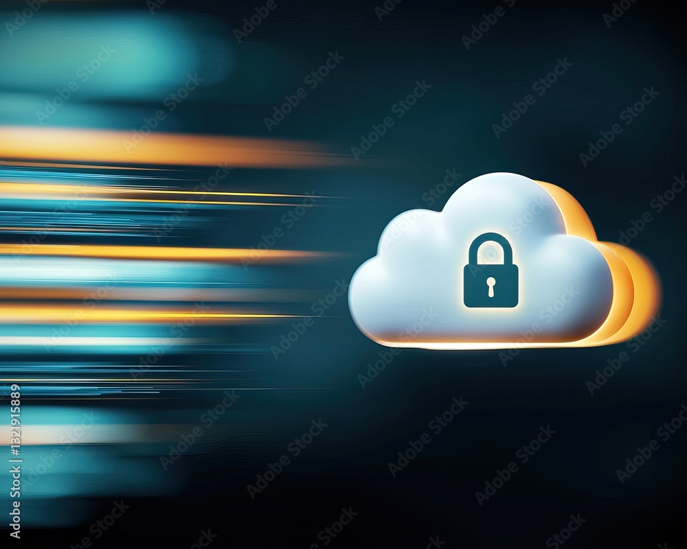 Poster digital cloud with a padlock, symbolizing secure data storage and protection.