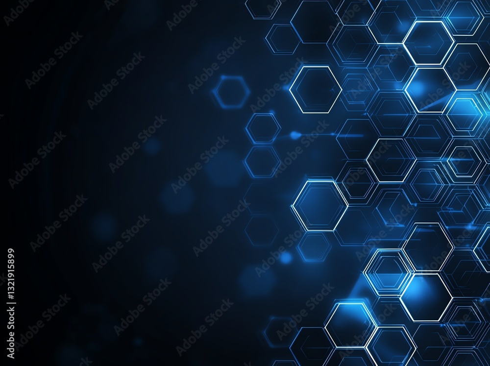 Poster a captivating abstract background featuring blue hexagonal shapes and a soft glow, perfect for techn