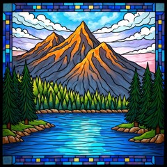 Mountain Lake Stained Glass Serene Reflection