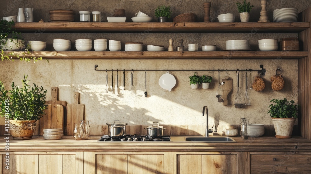 Poster sunlight floods a rustic kitchen where wooden shelves display an array of dishware and potted plants
