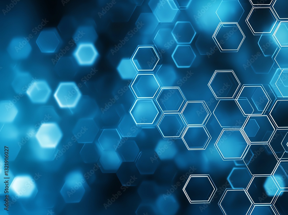 Poster a captivating blue hexagonal pattern with soft bokeh effects