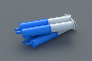 Heap of two-component epoxy resin adhesive in syringes on gray background. Glue for metal. Equipment for repair. 3d render