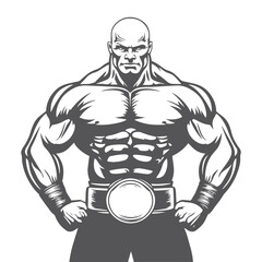 Strong Muscular Champion with Belt – Black and White Vector Illustration