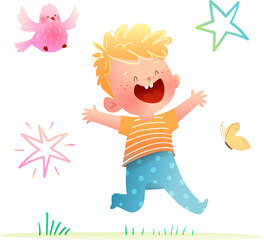 Bright and silly cartoon illustration of a happy boy laughing openly with arms stretched, expressing joy and excitement. Childhood and kindergarten character. Vector cartoon for kids.