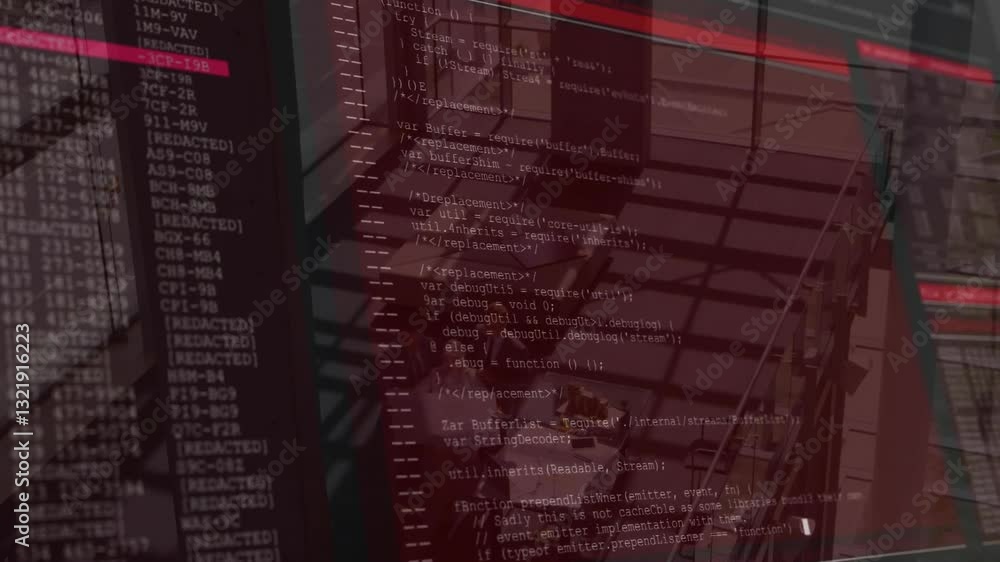 Poster animation overlaying computer code on modern architecture with red and black colors