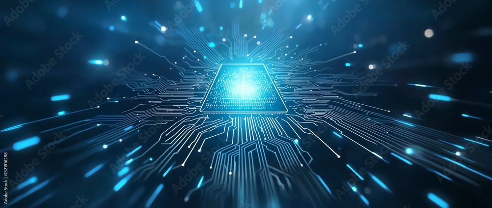 Poster a dynamic depiction of digital circuitry emitting blue light. this image symbolizes advanced technol