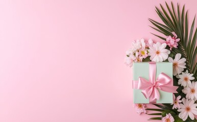 Obraz premium Delightful gift box adorned with pink ribbon and fresh flowers against a serene pastel pink backdrop