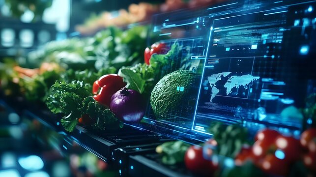 Futuristic Grocery Display Fresh Produce with Holographic Global Data Interface