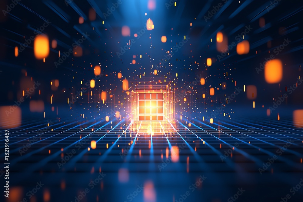 Poster an abstract representation of a glowing cube surrounded by a digital landscape of light particles, s