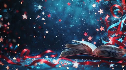 Open book with patriotic elements creating a celebratory ambiance, starscape