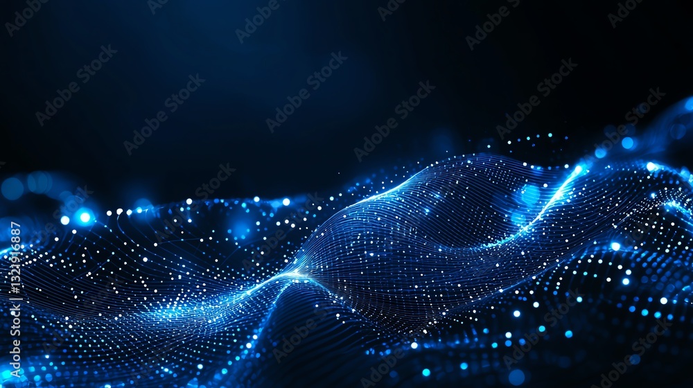 Poster a mesmerizing digital wave of blue particles resembling a flowing abstract landscape, perfect for il