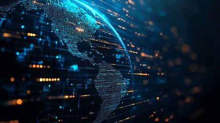 A close-up view of a digital globe depicting interconnected data points and flowing lines, symbolizing global connectivity and technological advancement in modern communication.