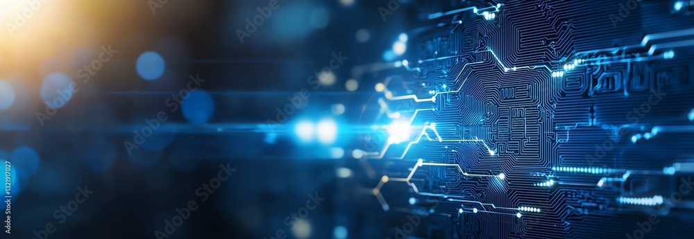 Poster abstract technology background featuring vibrant blue circuit patterns. ideal for illustrating conce