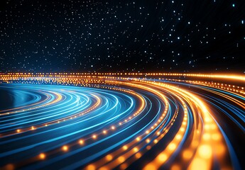 Fototapeta premium A mesmerizing display of light trails in vibrant colors, creating a dynamic, futuristic background. Ideal for themes related to innovation, speed, and digital transformation.