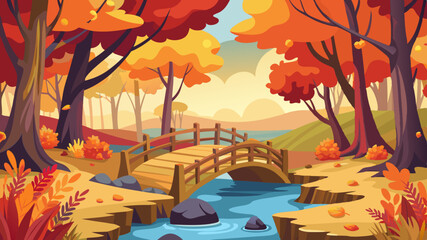 magical autumn forest with golden, orange, and red leaves, and a wooden bridge crossing a small stream.