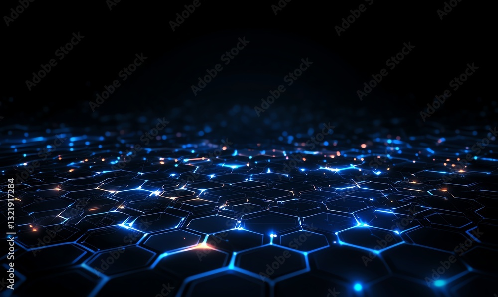 Poster a mesmerizing abstract background featuring illuminated hexagonal patterns on a dark surface, evokin