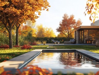 Modern garden retreat with autumn foliage and reflective pool